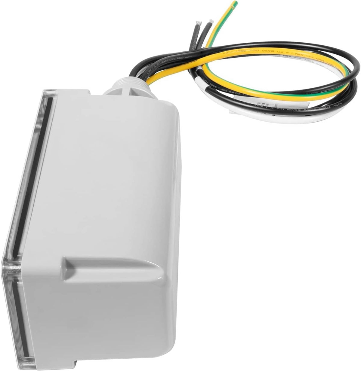 Wall-mount surge protection device with clear cover, white housing, and wire leads