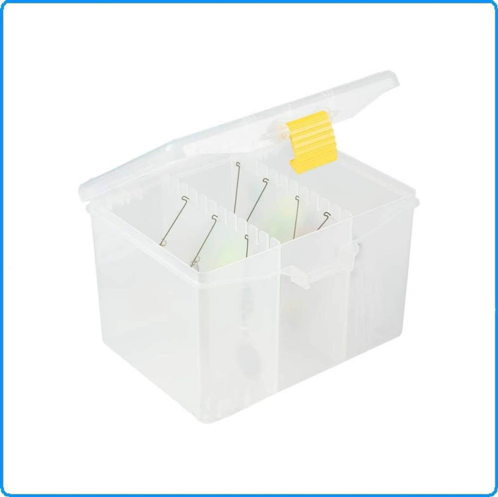 Clear plastic stowaway spinner bait box with open lid and hook holders