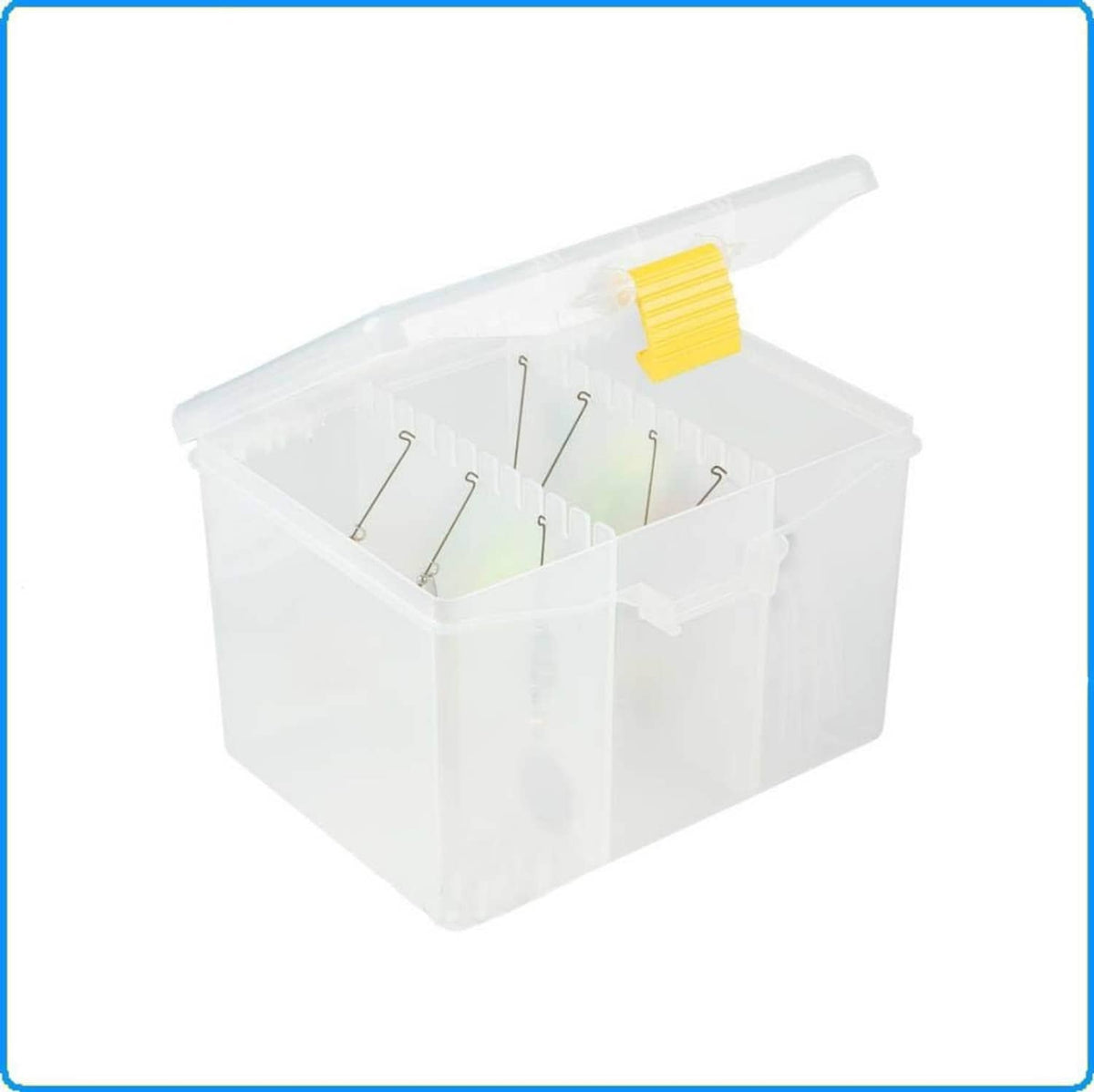 Clear plastic stowaway spinner bait box with open lid and hook holders
