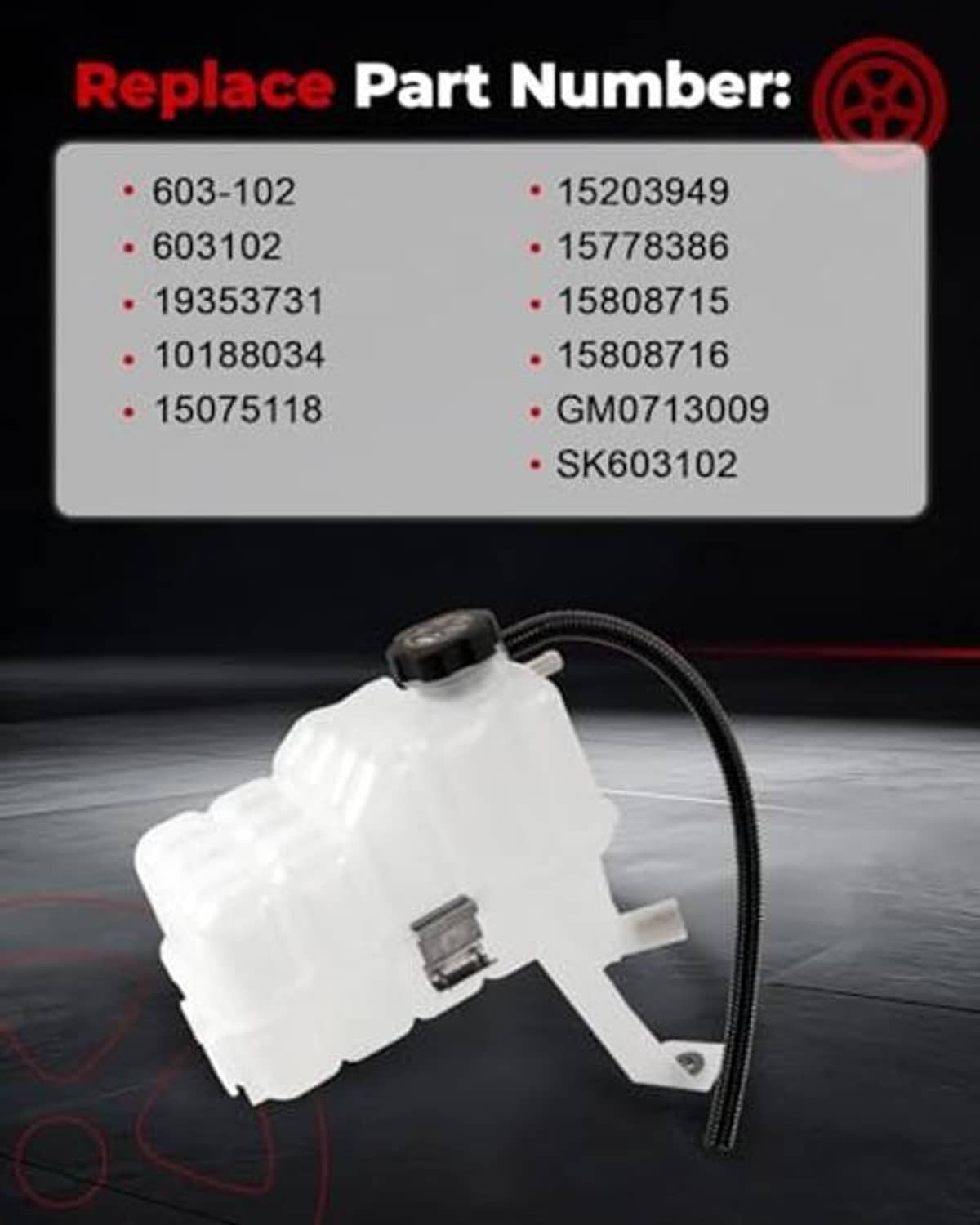 Coolant reservoir tank with sensor and cap, attached to black corrugated hose