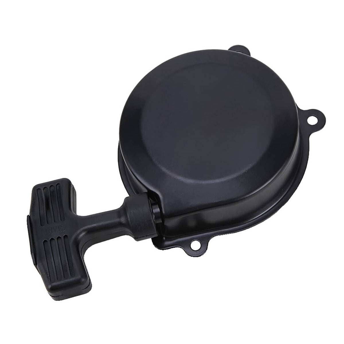 Black recoil pull starter housing with textured pull handle and mounting tabs