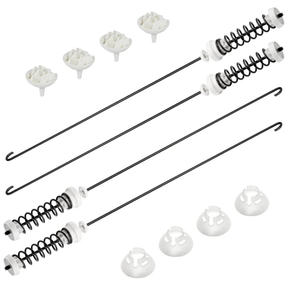 Washer suspension rod kit with four black rods, springs, and white bushings