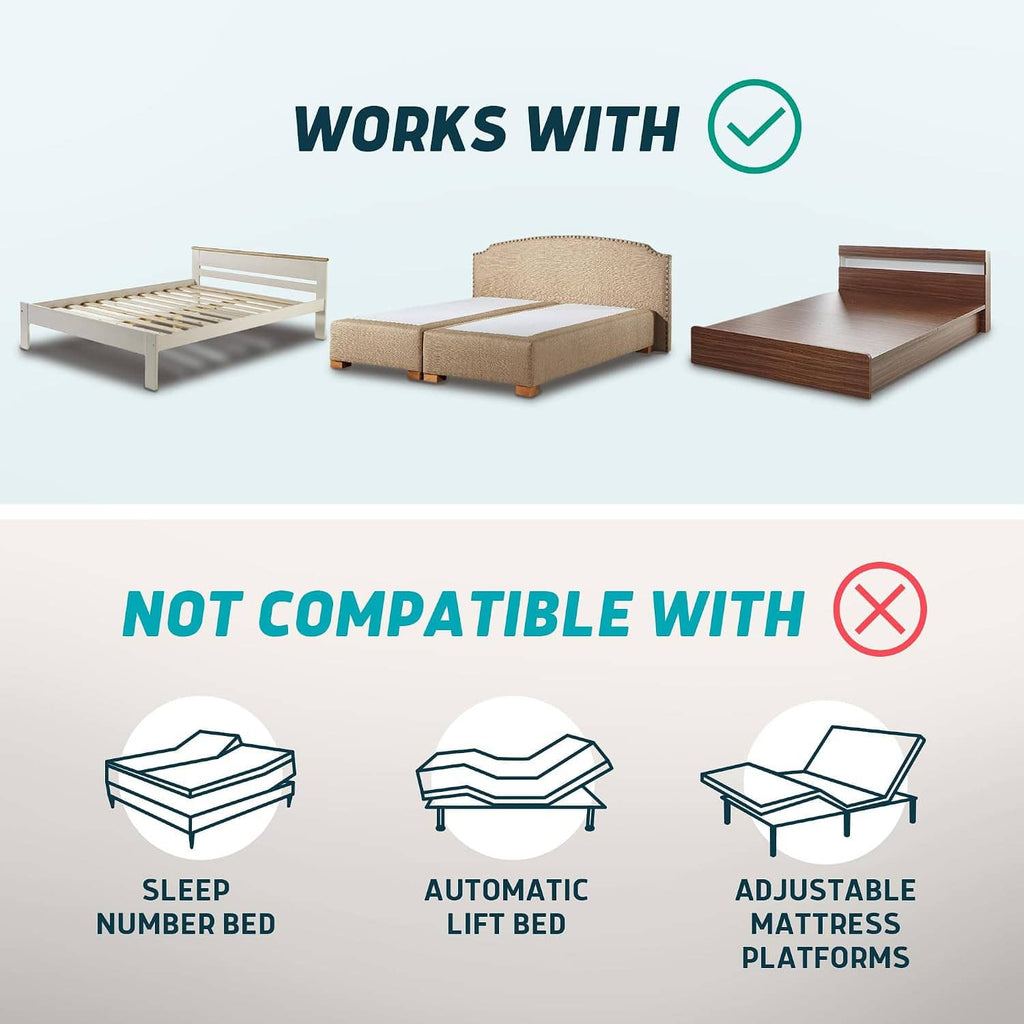 Bed assist rail compatibility with different bed types shown in diagrams