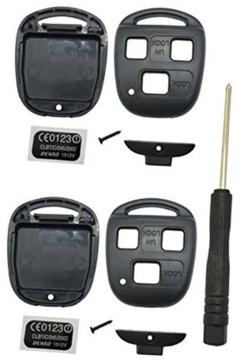 Black key fob shell set with case halves, button cutouts, and center insert
