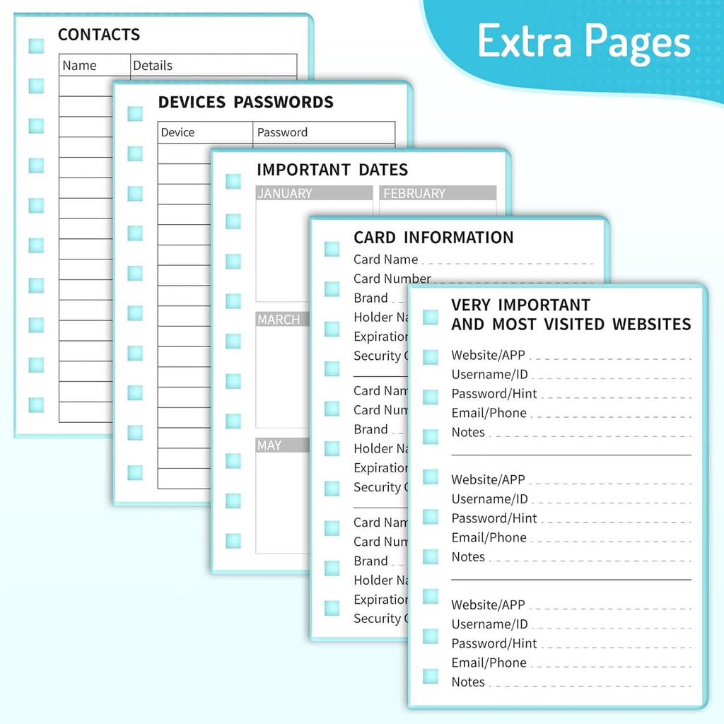 Password notebook page sections with contacts, devices passwords, and card information tables