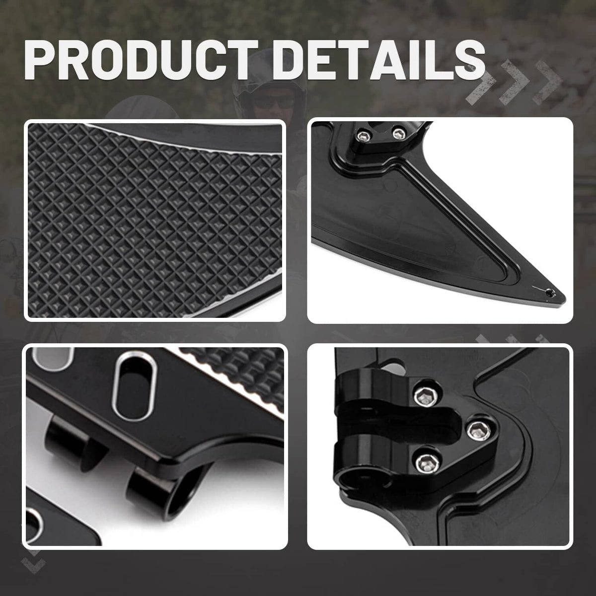 Motorcycle front floorboards set, black textured pads with silver accents and mounting bolts