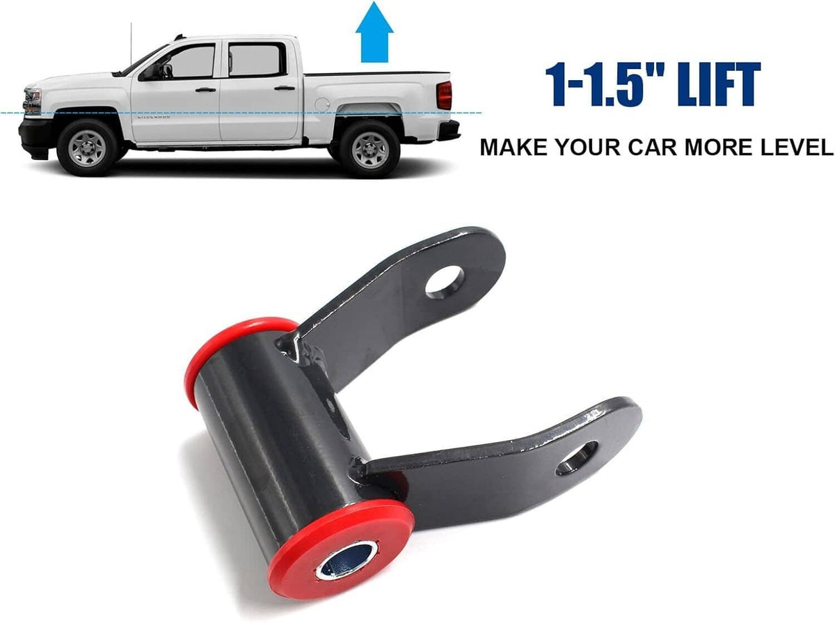1.5 in rear lift shackles with black arms and red bushings