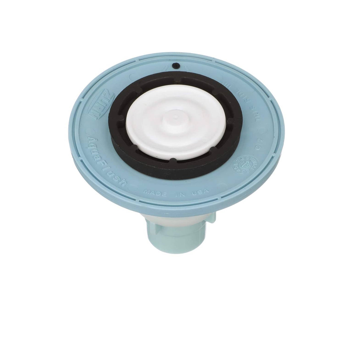 Light blue flush valve cap with white disk and black seal ring, top view