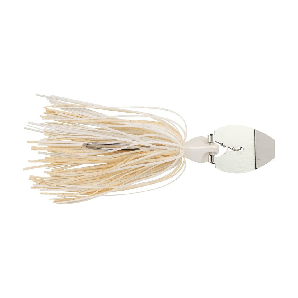 White bladed jig with metal blade head and long cream skirt strands