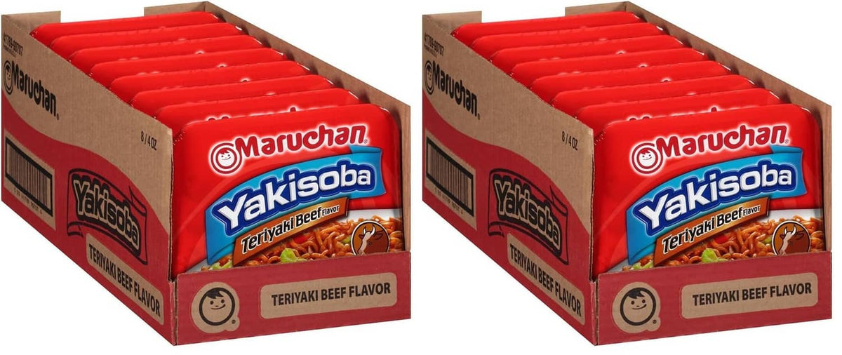 Maruchan Yakisoba teriyaki beef instant ramen, two red boxed packs