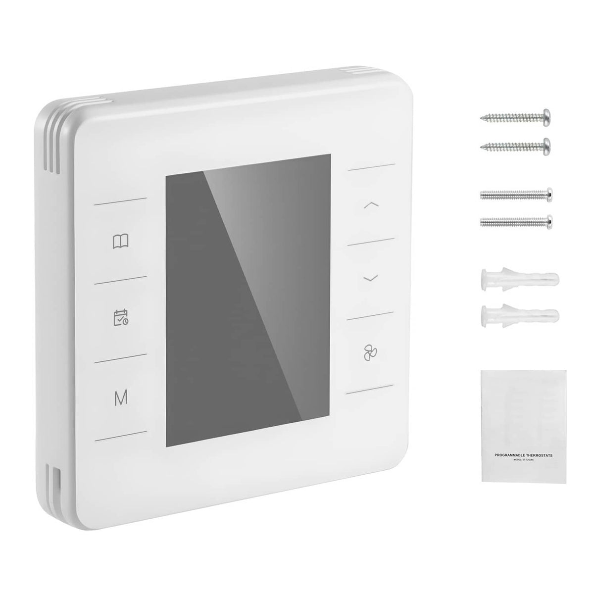 White programmable thermostat with large touchscreen and side control buttons
