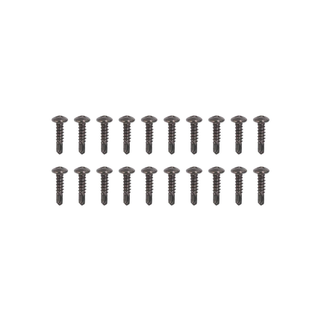 RV window installation screws set, dark fasteners on white background.