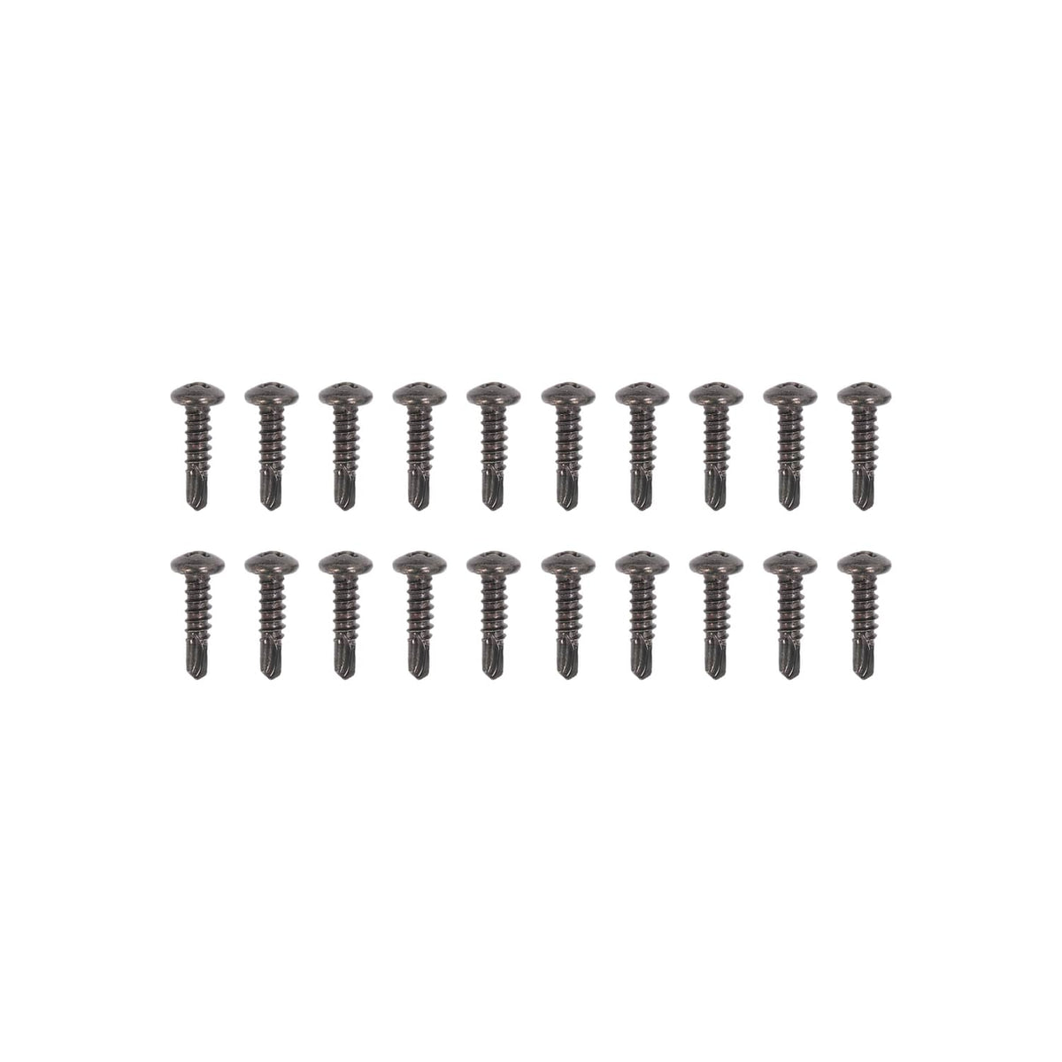 RV window installation screws set, dark fasteners on white background.
