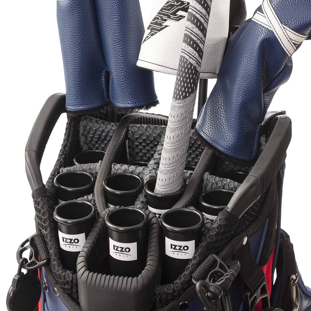 Multiple black golf club tubes in bag, white IZZO labels and textured grips