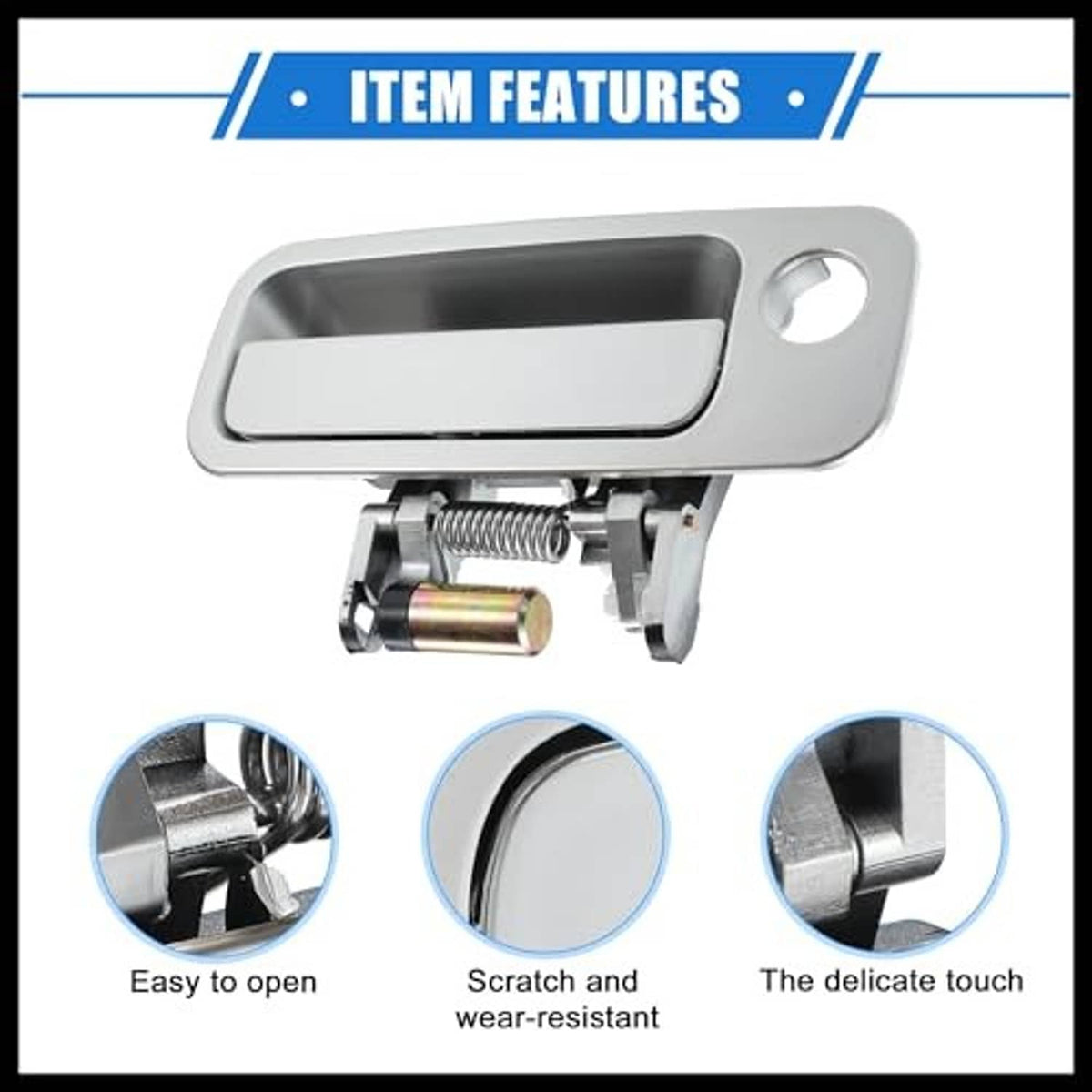 Front right passenger side exterior door handle, smooth silver-gray pull with mounting tabs