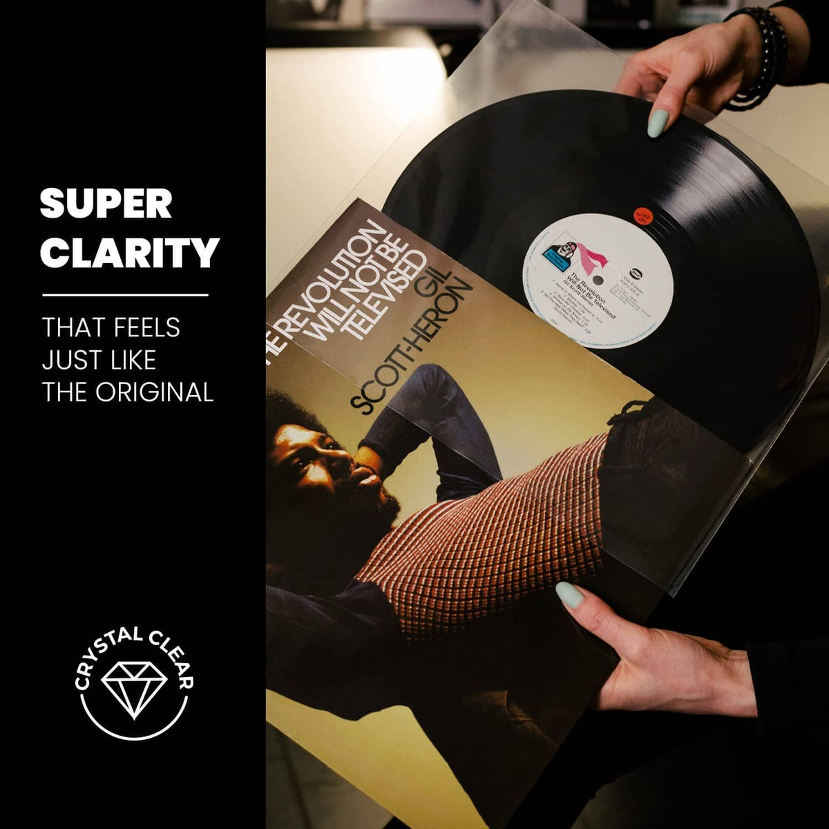 Clear outer vinyl record sleeve on a vinyl record, protecting the album artwork.