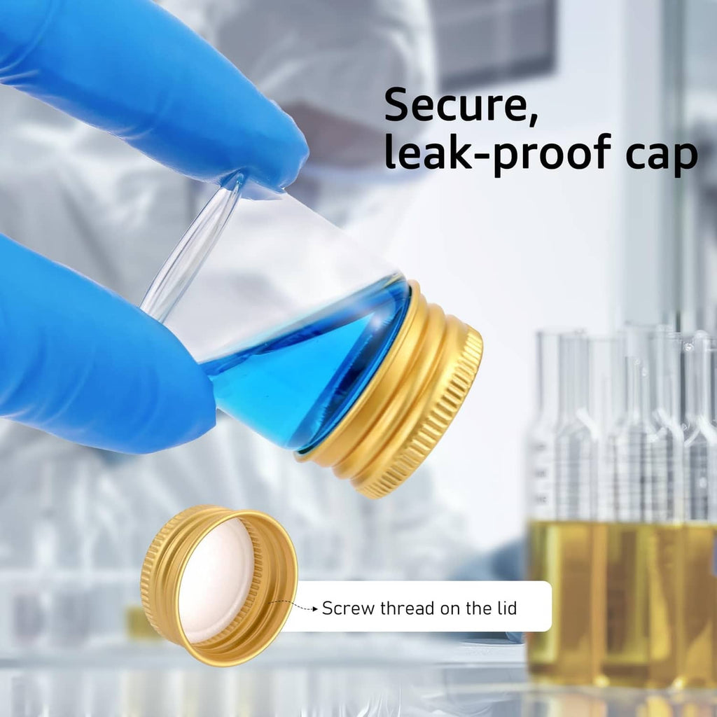 Blue-gloved hand holding a small clear glass sample vial with gold screw cap