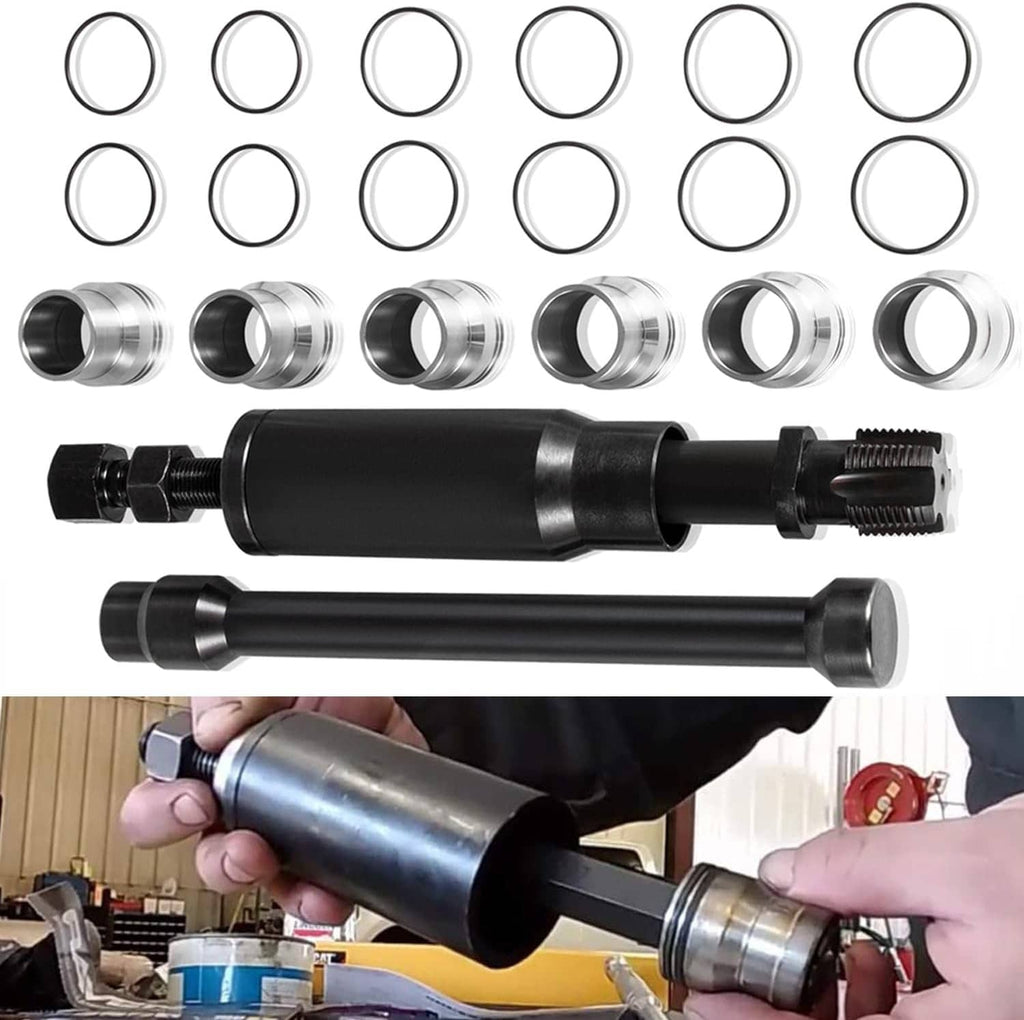 Injector sleeve cup tool kit: black puller shaft with metal injector sleeve cups