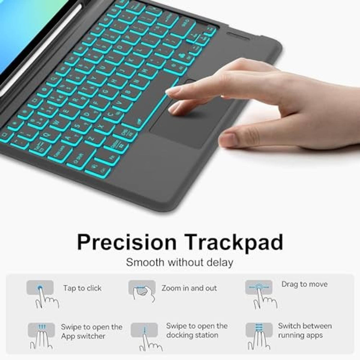 Black tablet keyboard case with teal backlit keys and smooth precision trackpad, hand visible