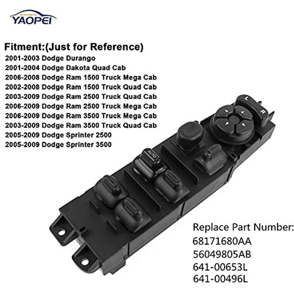 Black driver power window switch with mounting tabs and multi-button control layout