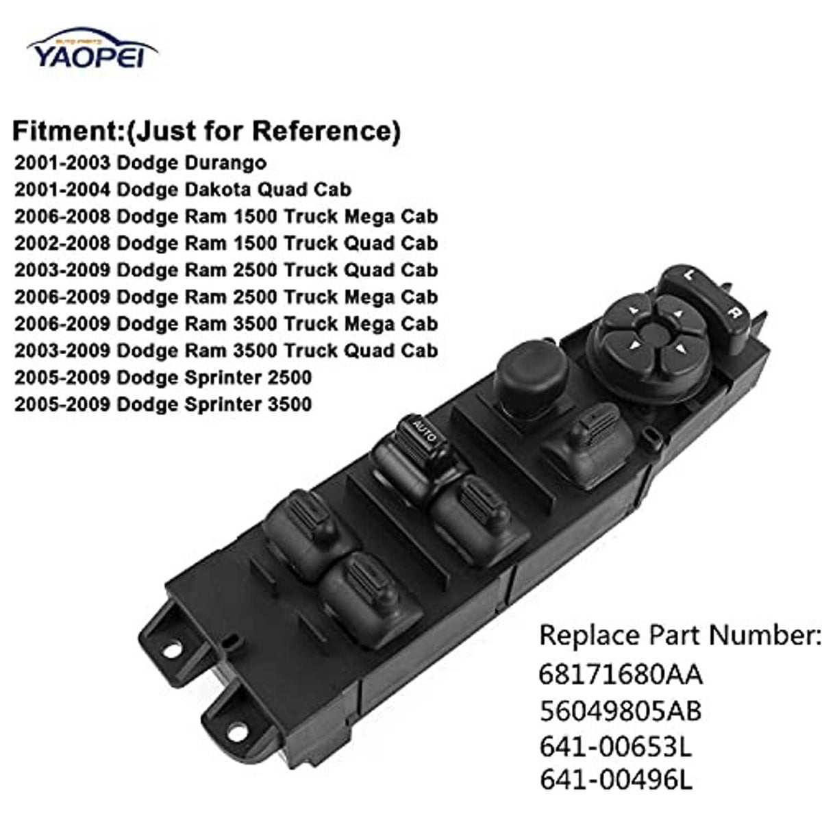 Black driver power window switch with mounting tabs and multi-button control layout