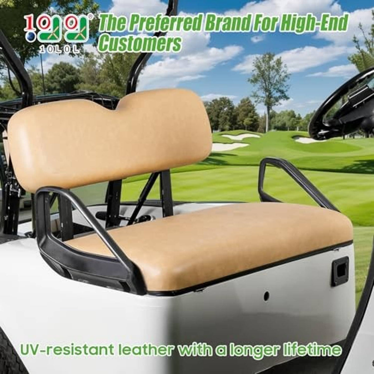 Tan front golf cart seat assembly with backrest and seat cushion