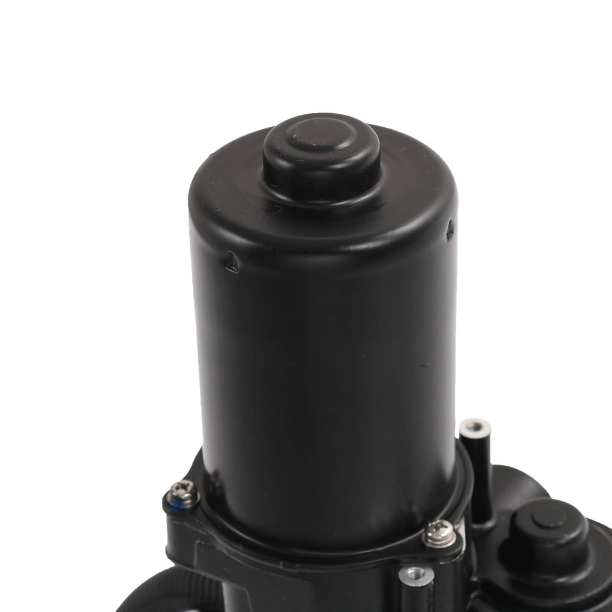 Power running board motor, black cylindrical housing with mounting screws and end cap