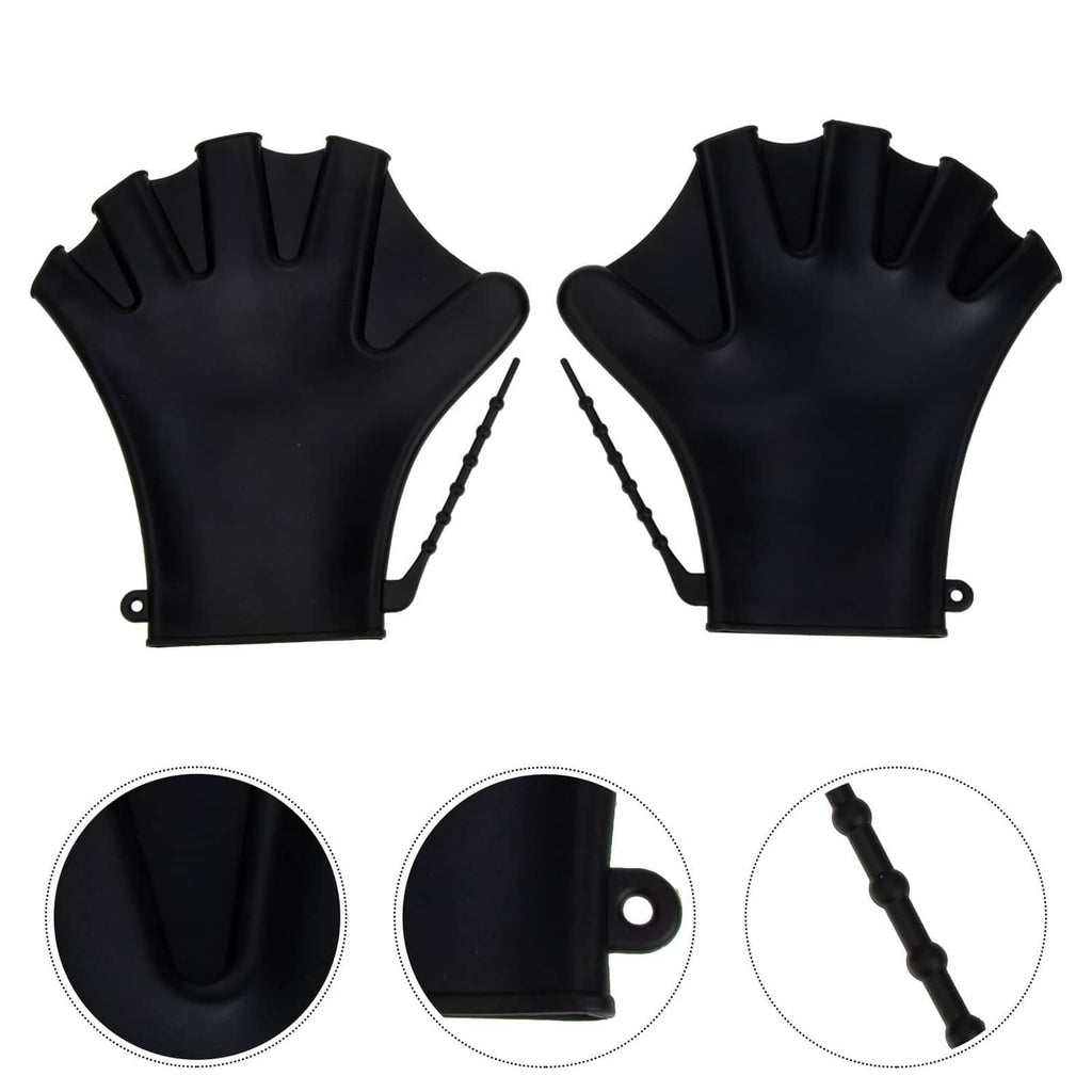 Two black aquatic resistance gloves with open fingers, plus close-up detail circles