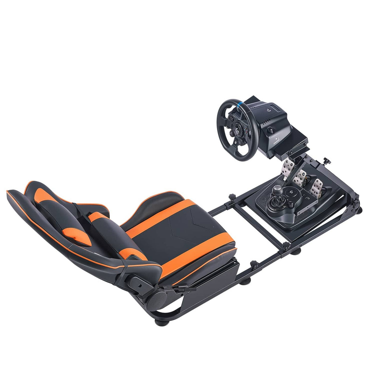 Racing wheel stand with black seat and orange accents with attached steering setup
