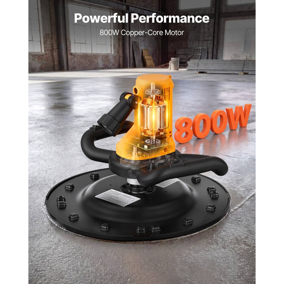 Electric concrete floor finisher with yellow motor on round black base, glowing core