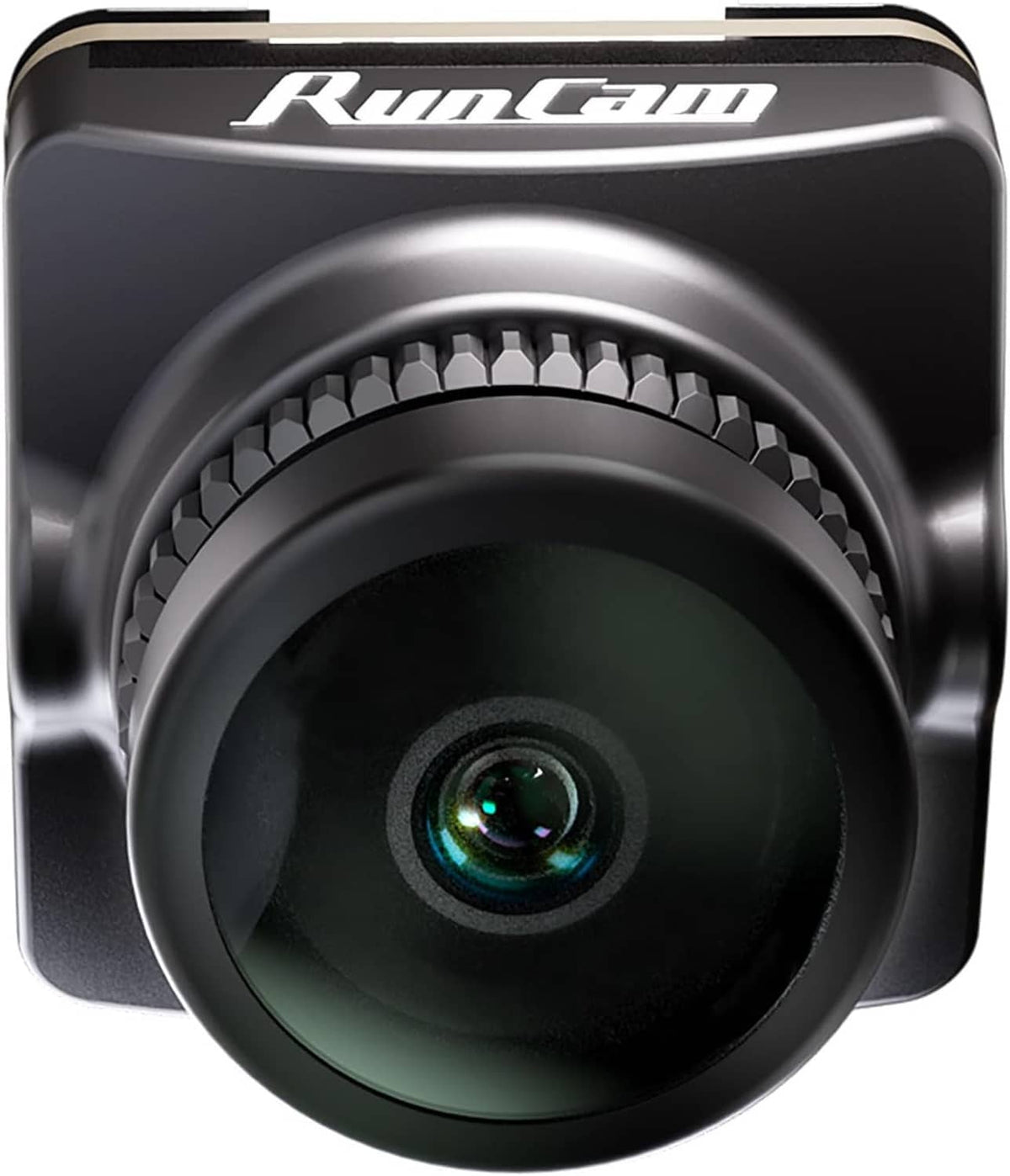 FPV camera close-up of lens with dark glass and hood ring