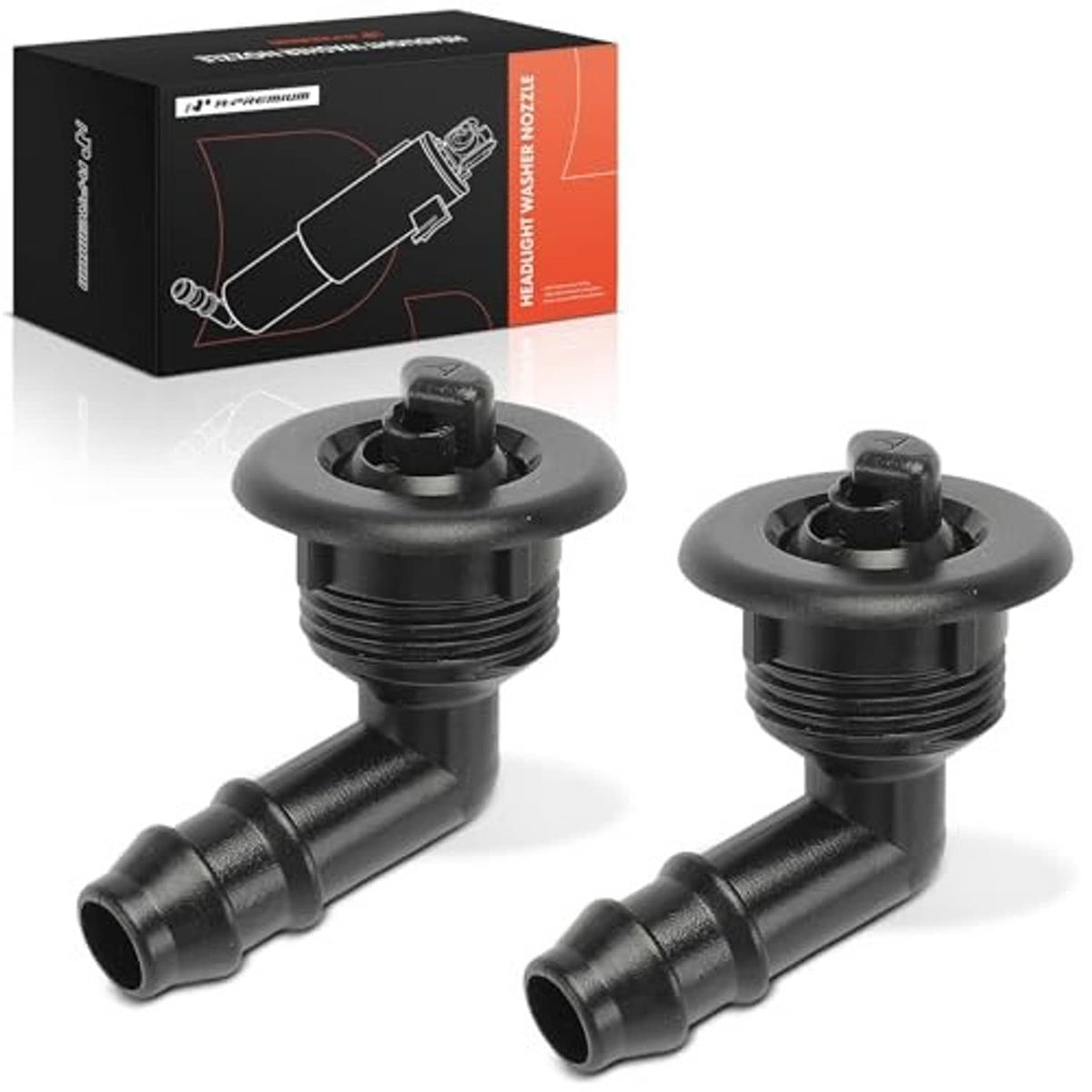 Front headlight washer nozzle pair, black plastic fittings with outlet tubes