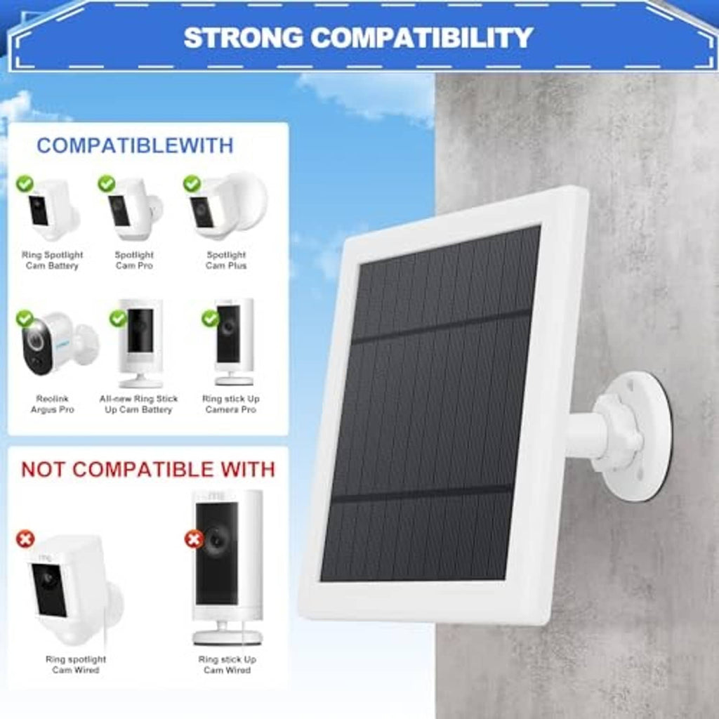 White solar panel kit with wall-mounted camera bracket and charging cable