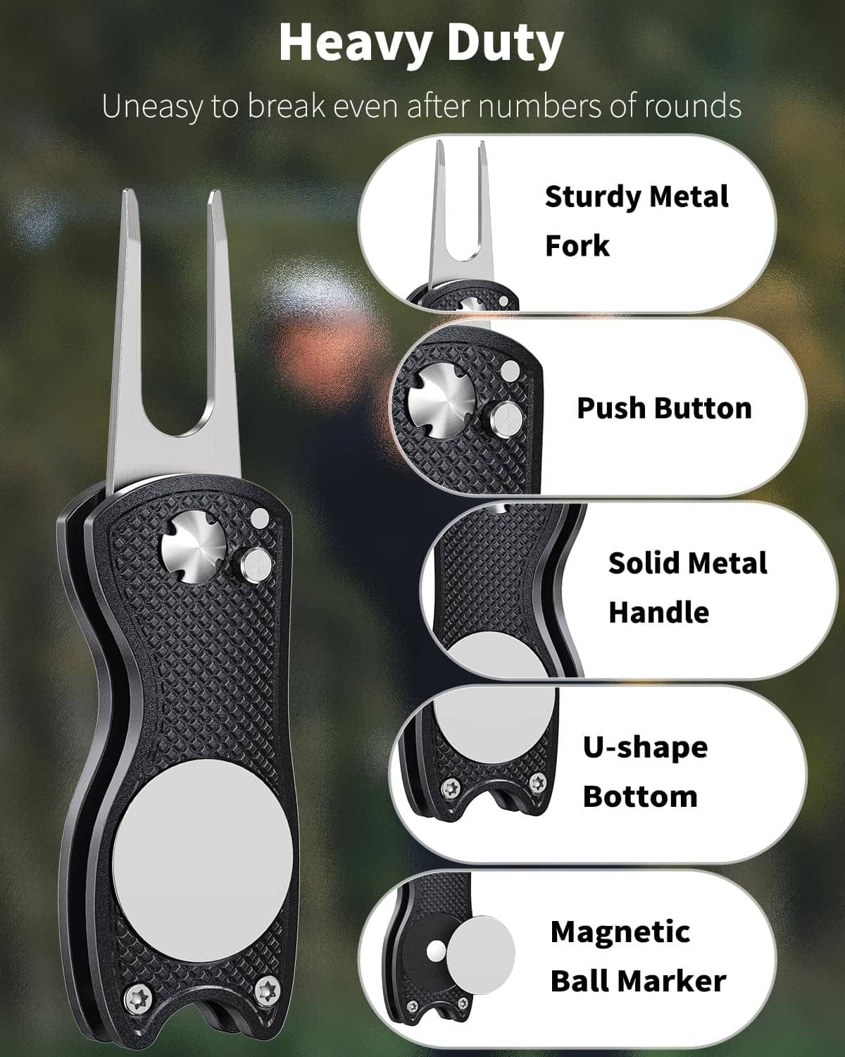 Black foldable golf divot repair tool with push button and magnetic ball marker