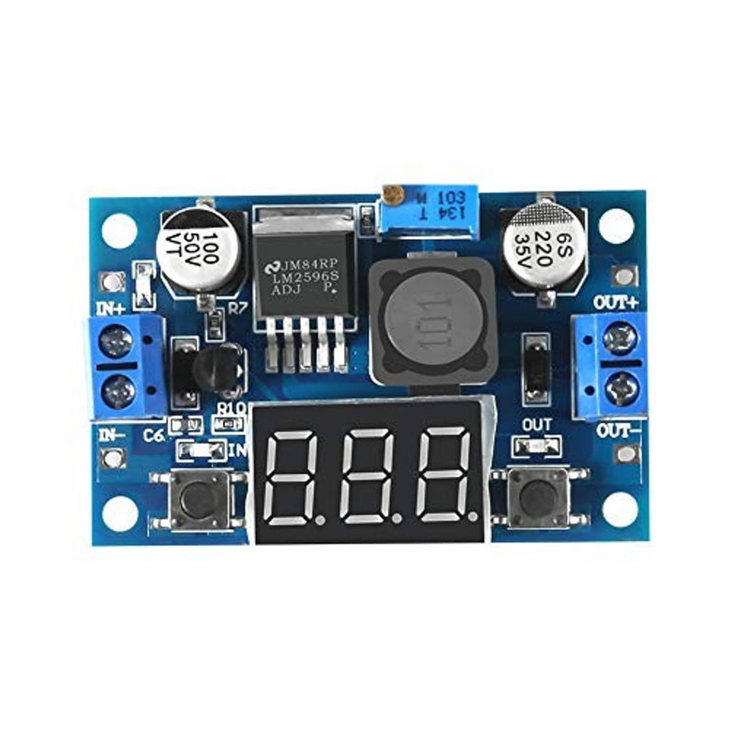 LM2596 buck converter circuit board with red 3-digit display, knobs, and blue terminal blocks