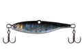 Blue-silver fishing lure with two rear treble hooks and metal split rings