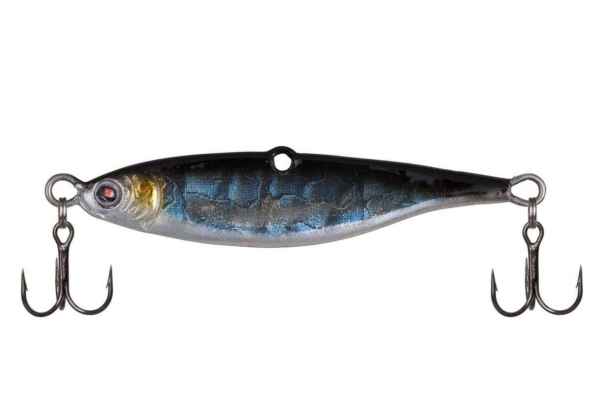 Blue-silver fishing lure with two rear treble hooks and metal split rings