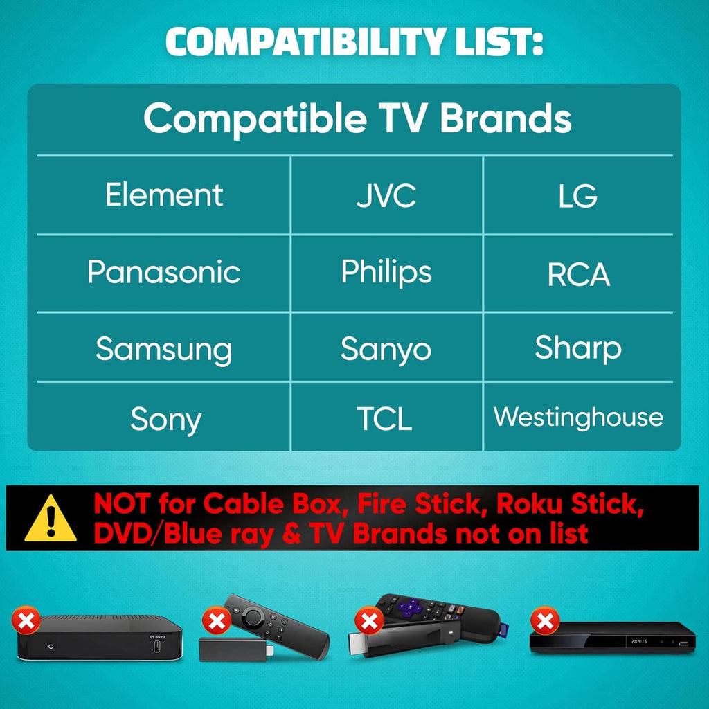 Universal TV remote compatibility chart graphic with TV brand list and warning icon