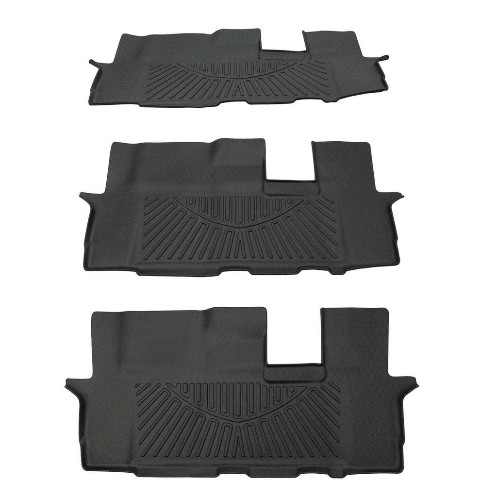 Three-piece black TPE floor mat liner set with central cutout and raised outer edges