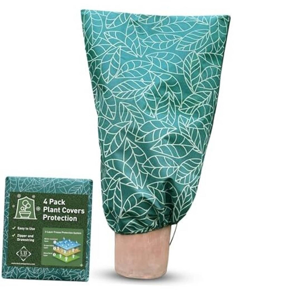 Green plant frost protection cover with white leaf pattern, cone-shaped for plants