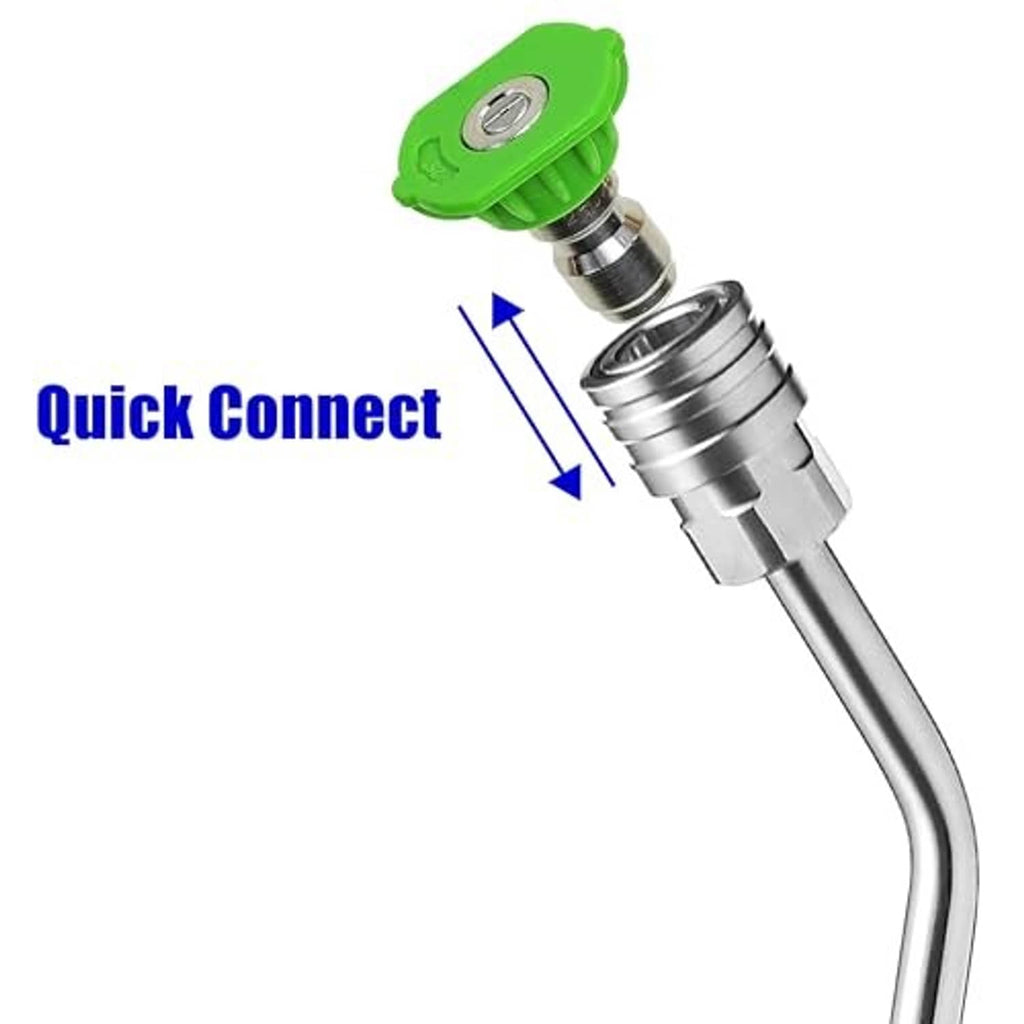 Pressure washer wand extension with green quick-connect coupling and angled elbow
