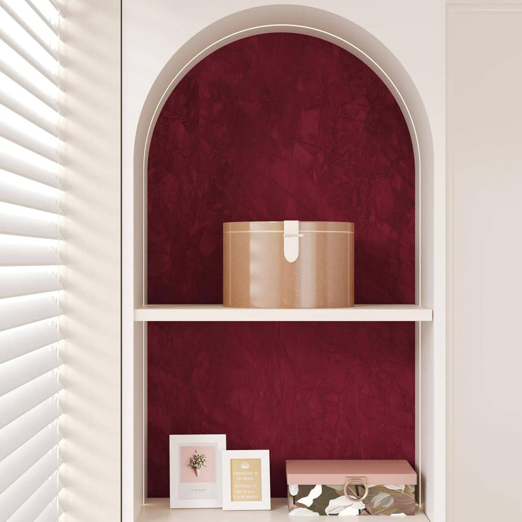 Dark red velvet flocking liner sheet inside an arched shelf niche