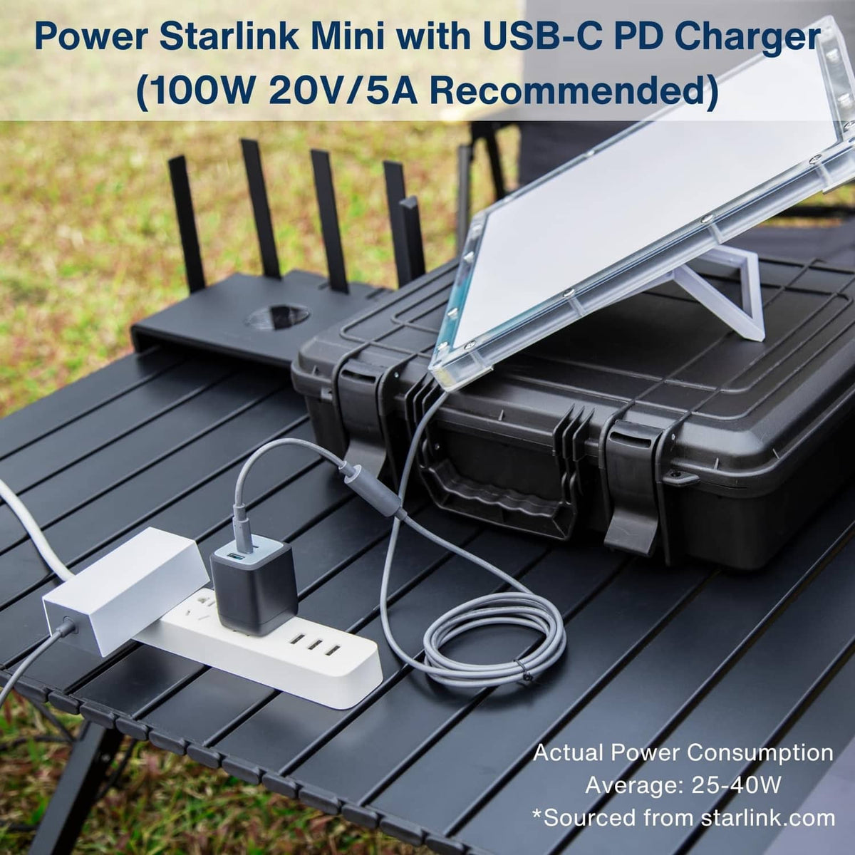 Grey waterproof DC-to-USB-C adapter cable connected with DC barrel plug and USB-C