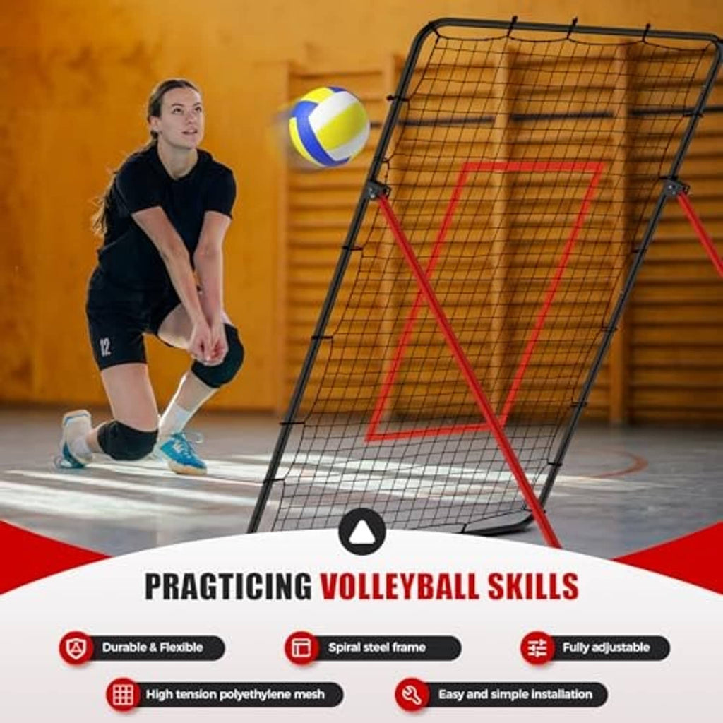 Volleyball rebounder net for practice with black mesh, red frame, and adjustable stand.