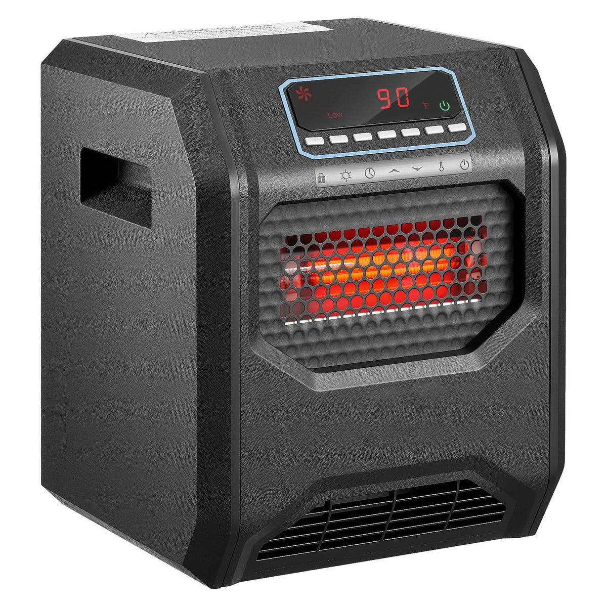 Black infrared electric heater with digital display and front heating grille
