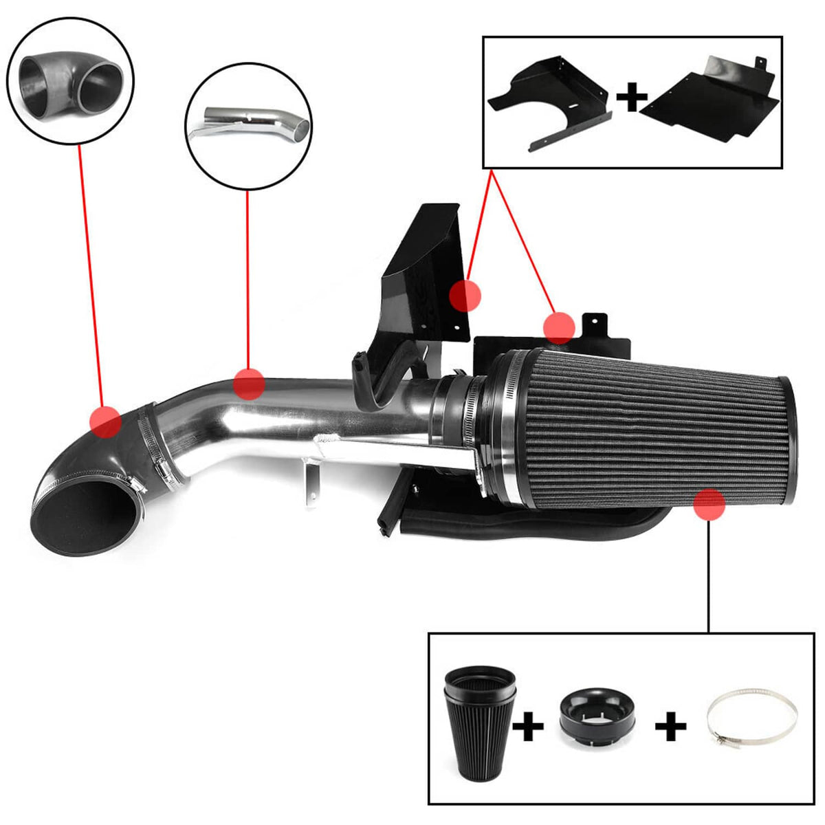 Cold air intake kit with cone air filter, silver intake tube, and heat shield assembly