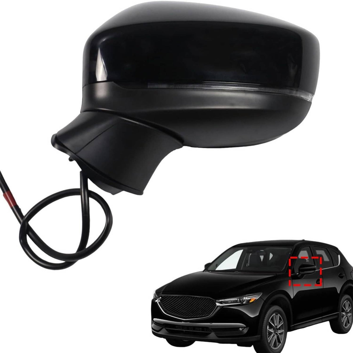 Left driver-side mirror with black housing and attached cable for installation