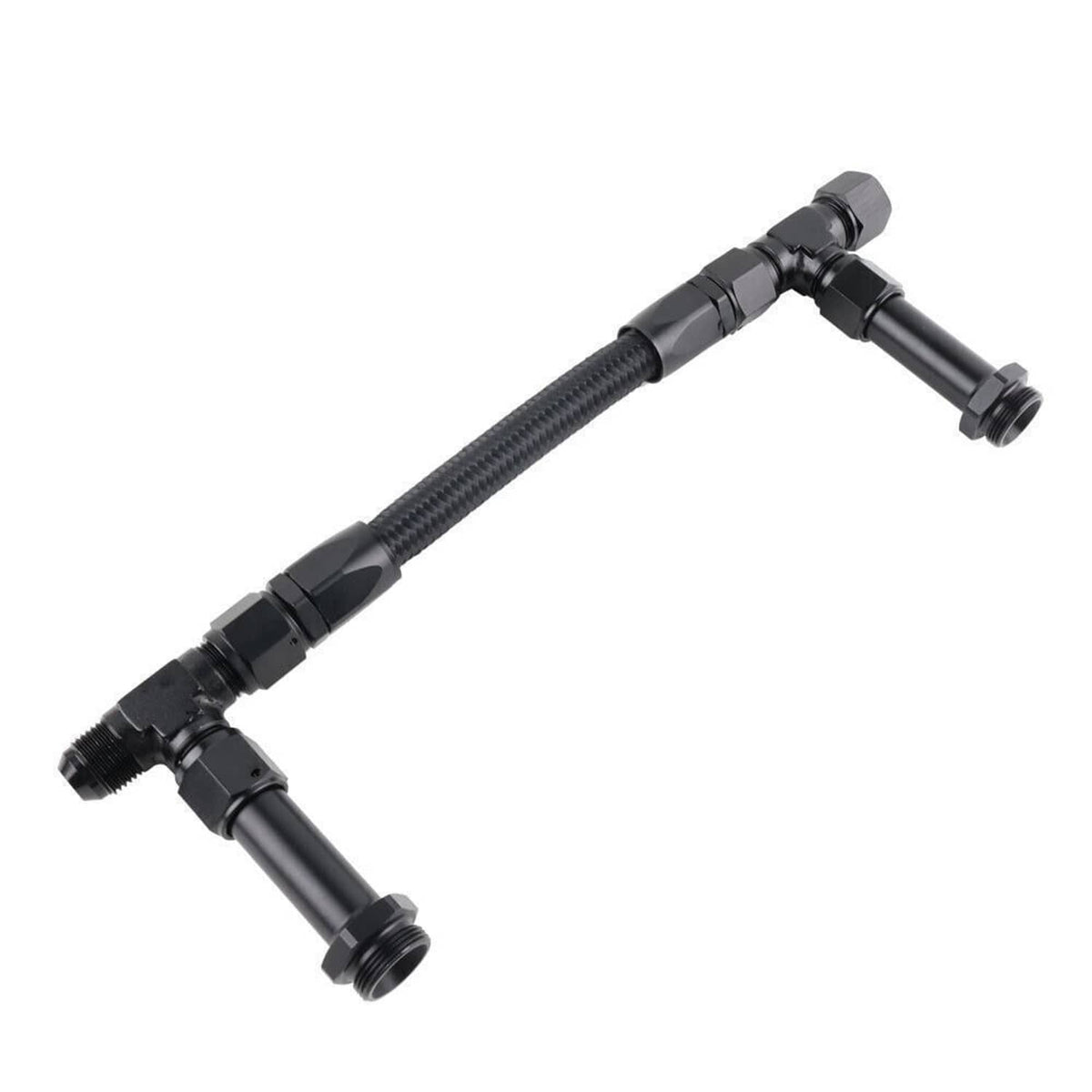 Braided fuel line kit with curved braided hose and angled outlet fittings