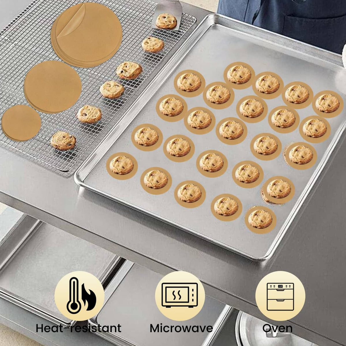Unbleached parchment paper rounds on baking tray, brown round disks