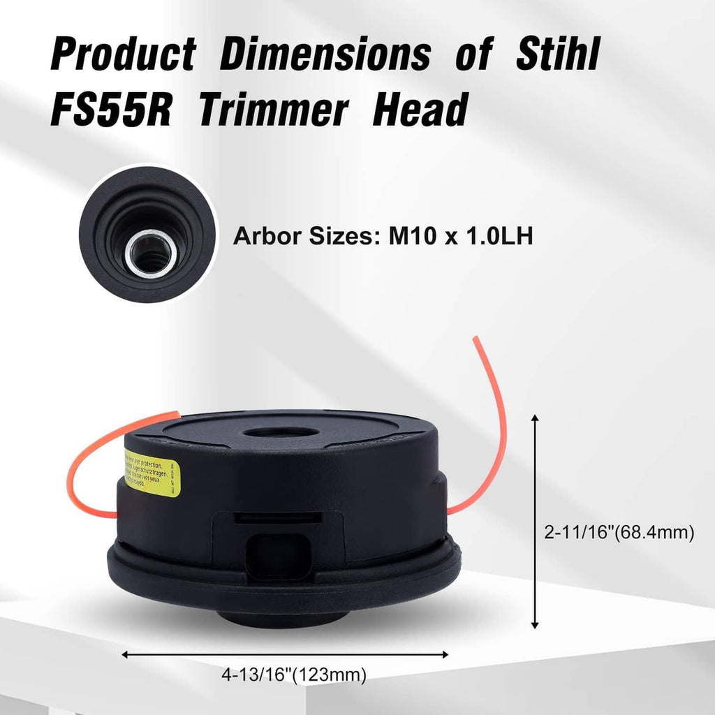 Black Stihl FS55R trimmer head dimensions diagram with orange line